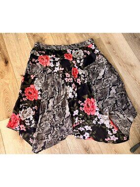 INC Size 16 Womens Snake Print Floral High-Low Skirt  Black/Red Polyester Blend